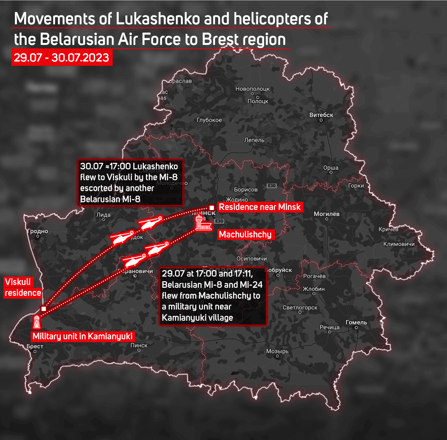 Movements of Lukashenko and helicopters of the Belarusian Air Force to Brest region (29.07 - 30.07.2023)