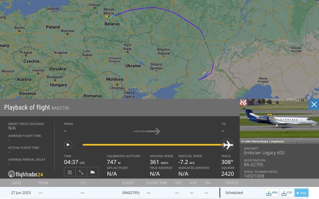 Prigozhin’s plane arrived in Minsk