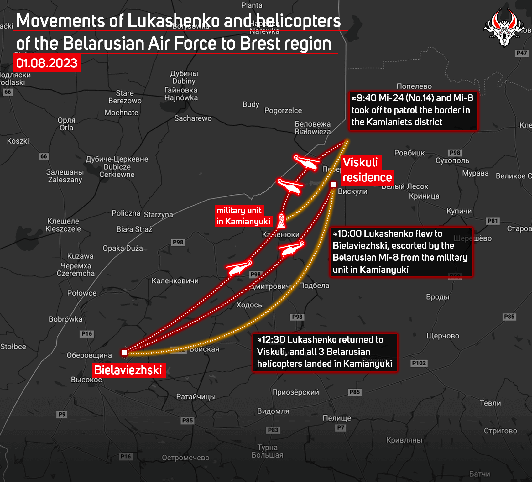Movements of Lukashenko and helicopters of the Belarusian Air Force in Brest region (01.08.2023)